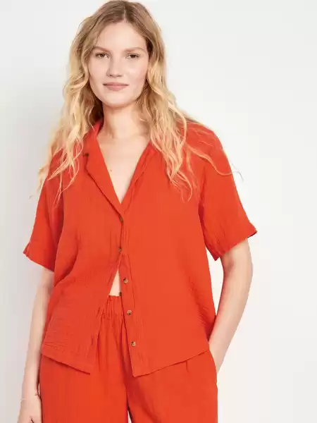 Crinkle Gauze Button-Down Top