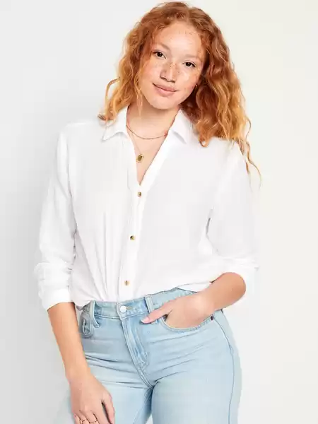 Crinkle Gauze Button-Down Boyfriend Shirt