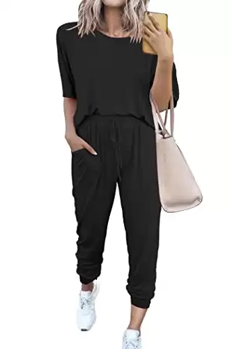 PRETTYGARDEN Women's Two Piece Outfit Short Sleeve Pullover with Drawstring Long Pants Tracksuit Jogger Set (A-black,Small)