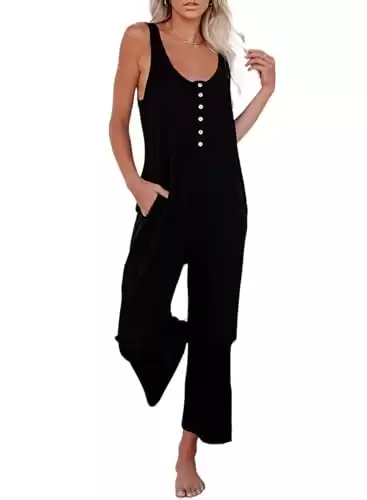 Happy Sailed Womens Casual Knit Tank Jumpsuits Front Button Long Pant Romper Loose Playsuits with Pockets Black Medium