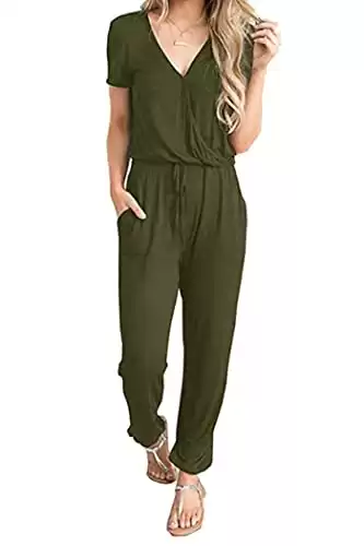 PRETTYGARDEN Women's Summer Casual Deep V Neck Short Sleeve Wrap Drawstring Waist Jumpsuit Romper (Army Green,Small)