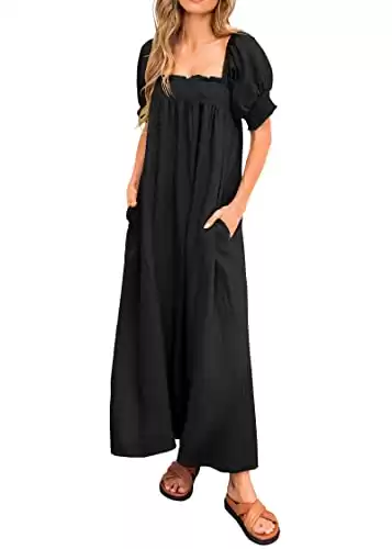 KIRUNDO Women 2024 Summer Maxi Dress Casual Loose Puff Sleeve Square Neck Maternity Flowy Long Beach Dresses with Pockets(Black, Medium)