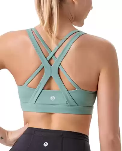 RUNNING GIRL Sports Bra for Women, Criss-Cross Back Padded Strappy Sports Bras Medium Support Yoga Bra with Removable Cups(2825 Green M)