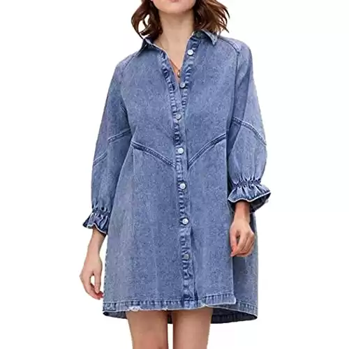 ALSOGO Women Denim Shirt Dress 3/4 Long Sleeves Casual Button Down Babydoll Flowy Jean Dresses Blue XS