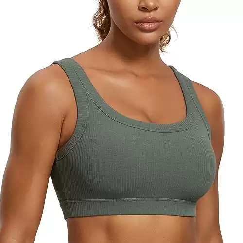 CRZ YOGA Ribbed Sports Bras for Women - U Back Wireless Medium Impact Sports Bra Padded Yoga Workout Bra Grey Sage Small