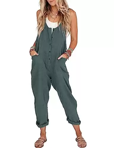 Himosyber Womens Cotton Linen Overall Adjustable Straps Button Harem Long Pant Jumpsuit (LakeBlue, Large)