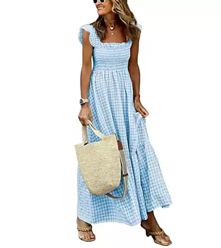 chouyatou Women's Retro Plaid Smocked Dress Spaghetti Strap Flounce Long Dress (Small, Sky Blue)