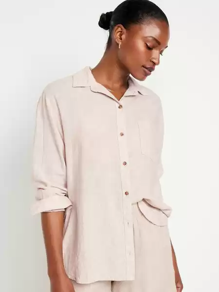 Linen-Blend Button-Down Boyfriend Shirt | Old Navy