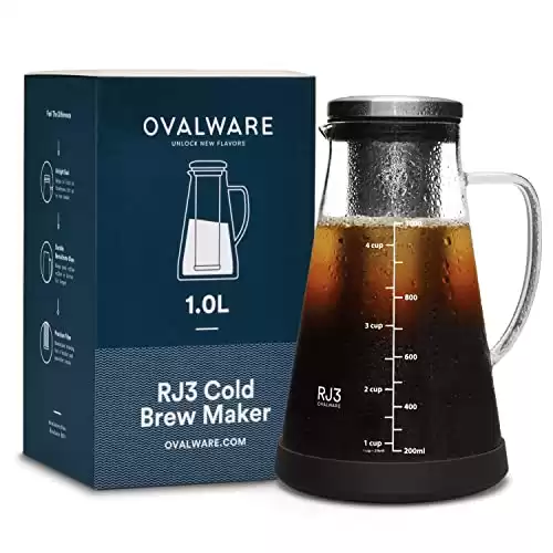 ovalware Airtight Cold Brew Iced Coffee Maker Pitcher and Tea Infuser with Spout - 1.0L / 34oz RJ3 Brewing Glass Carafe with Removable Stainless Steel Filter