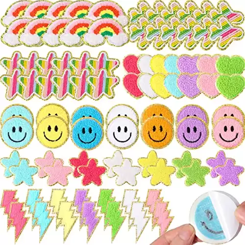 98 Pcs Self Adhesive Chenille Patches Cute Chenille Embroidered Patches Colorful Heart Lightning Rainbow Patches Applique for Clothing Fabric Jackets DIY Mobile Phone Backpacks Hat (Cute Style)