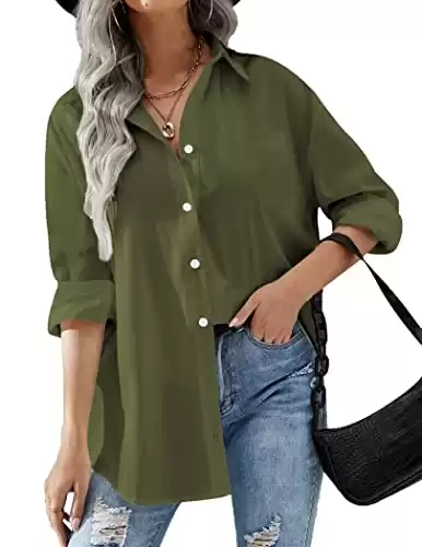 HOTOUCH Womens Button Down Shirts Boyfriend Long Sleeve Oversized Collar Shirt Soft Office Blouses with Pockets Army Green L