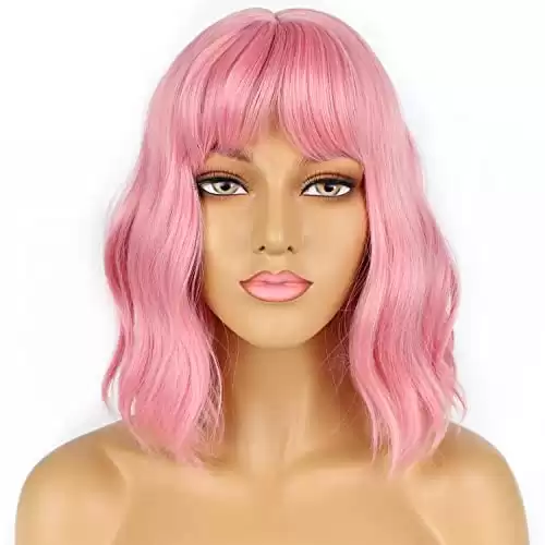 LANCAINI Pastel Bob Wigs with Bangs for Women Loose Wavy Wig Pastel Wavy Shoulder Length Bob Synthetic Cosplay Wig for Girl Colorful Costume Wigs (Pink)