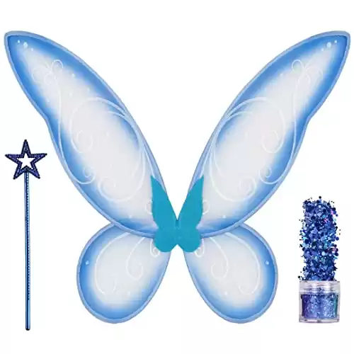 Funcredible Blue Fairy Wings, Fairy Wand and Glitter - Fairy Costume Accessories - Fairy Outfits for Women and Girls - Fairy Accessories Cosplay