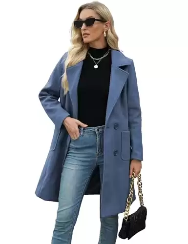 Bankeng Women Winter Wool Blend Camel Mid-Long Coat Notch Double-Breasted Lapel Jacket Outwear (Blue,L)