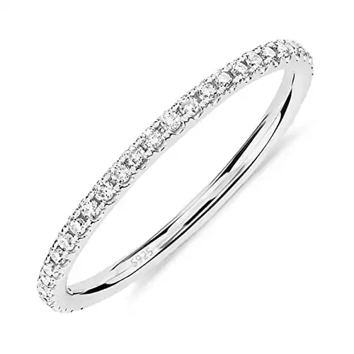 PAVOI Rhodium Plated 925 Sterling Silver Stackable CZ Ring for Women | Thin Band for Stacking | Simulated Diamond Eternity Wedding Band | Size 7