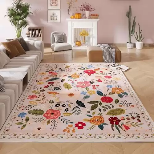 Rugcomf Living Room Rug 5x7 Rug Machine Washable Boho Area Rug Non Slip Floral Vintage Low Pile Large Rugs for Living Room, Bedroom, Farmhouse, Dining Room, Kids Playroom(Beige)