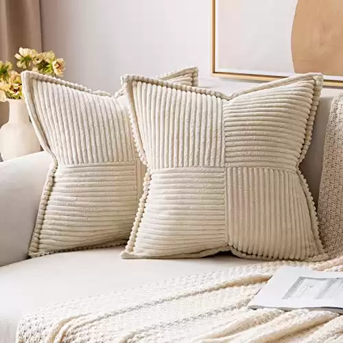 MIULEE Corduroy Pillow Covers with Splicing Set of 2 Super Soft Boho Striped Pillow Covers Broadside Decorative Spring Christmas Throw Pillows for Couch Cushion Livingroom 18x18 inch, Beige