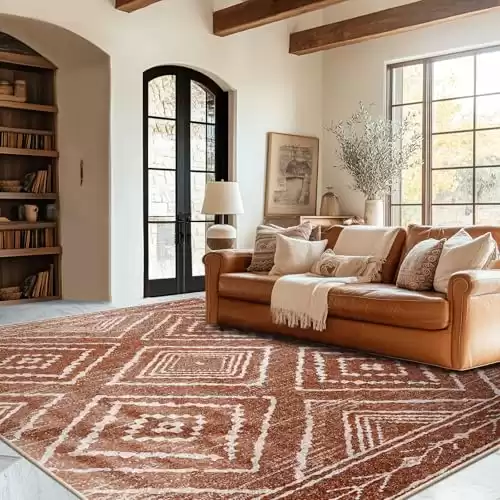 BESTSWEETIE 5x7 Area Rugs Moroccan Rug 5x7 Rugs Farmhouse Rug Machine Washable Rugs Non-Slip Low Pile Ultra Soft Faux Wool for Living Room Bedroom Indoor Brown