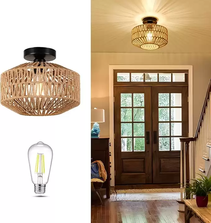 Jobtical Boho Light Fixtures Ceiling Mount,Mini Rattan Chandelier Light Fixture with Dimmable LED Bulb,Hand Woven Ceiling Light Fixtures Flush Mount for Hallway Bedroom Kitchen Entryway Living Room