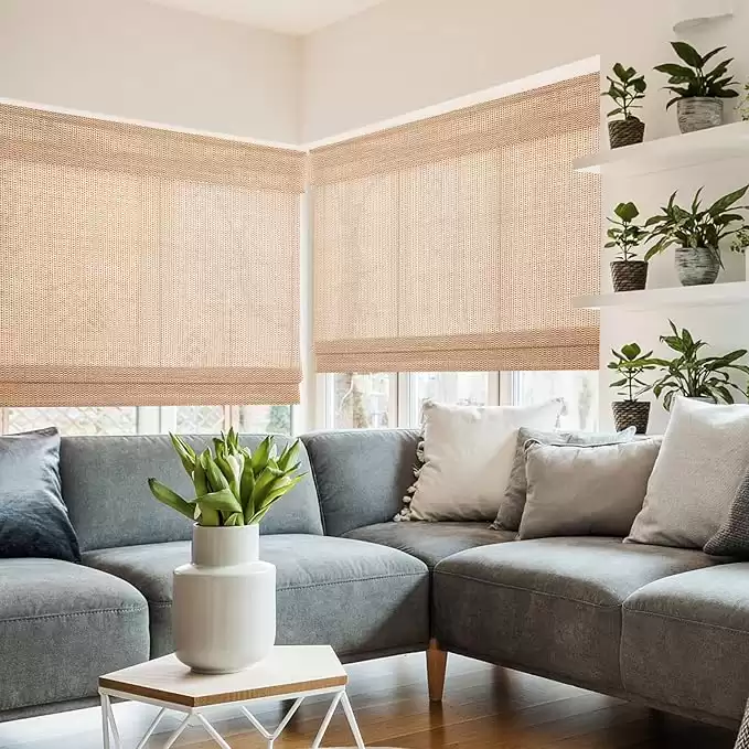 Comzone Blinds Cordless Blackout Bamboo Roman Shades, Easy Installation Natural Woven Wood Shades, Great Privacy Lined Bamboo Blinds for Windows, Sirocco