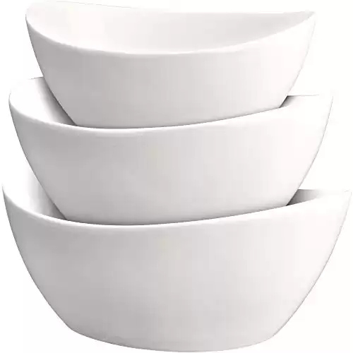 3 Piece Serving Bowl Set Elegant White Porcelain Salad Bowls for Fruit, Salad, Pasta and Soup - Food Server Display Dishes for Party or Display - 24 oz. 34 oz. and 44 oz. - by DécorDine